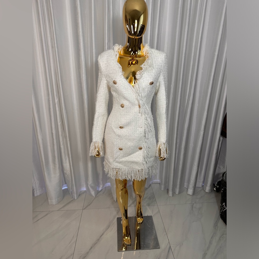 White Tweed Mini Dress Gold Buttons Sz 0